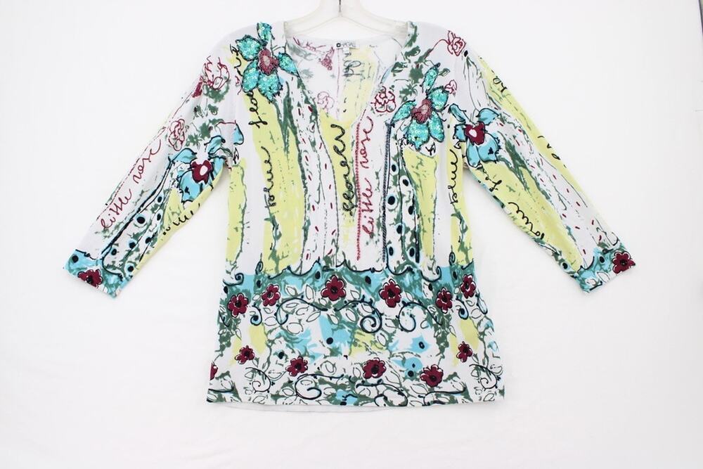 Chagall Knit Top Large Art to Wear Sequin Bling Eclectic 3/4 Sleeve Maximalist
